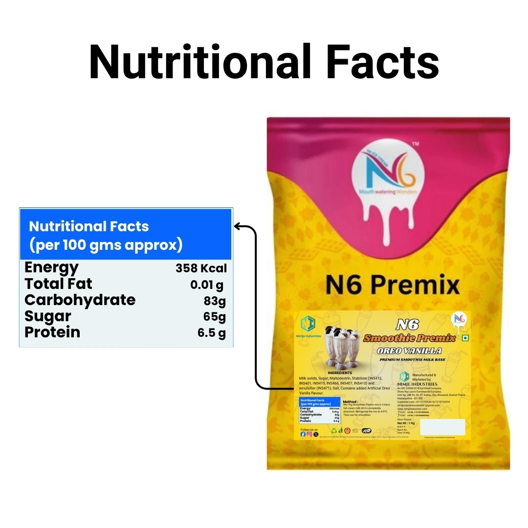 1kg packet of N6 Oreo Vanilla commercial smoothie premix by Nimje Industries, showing nutritional facts and 4-liter milk mix preparation method.