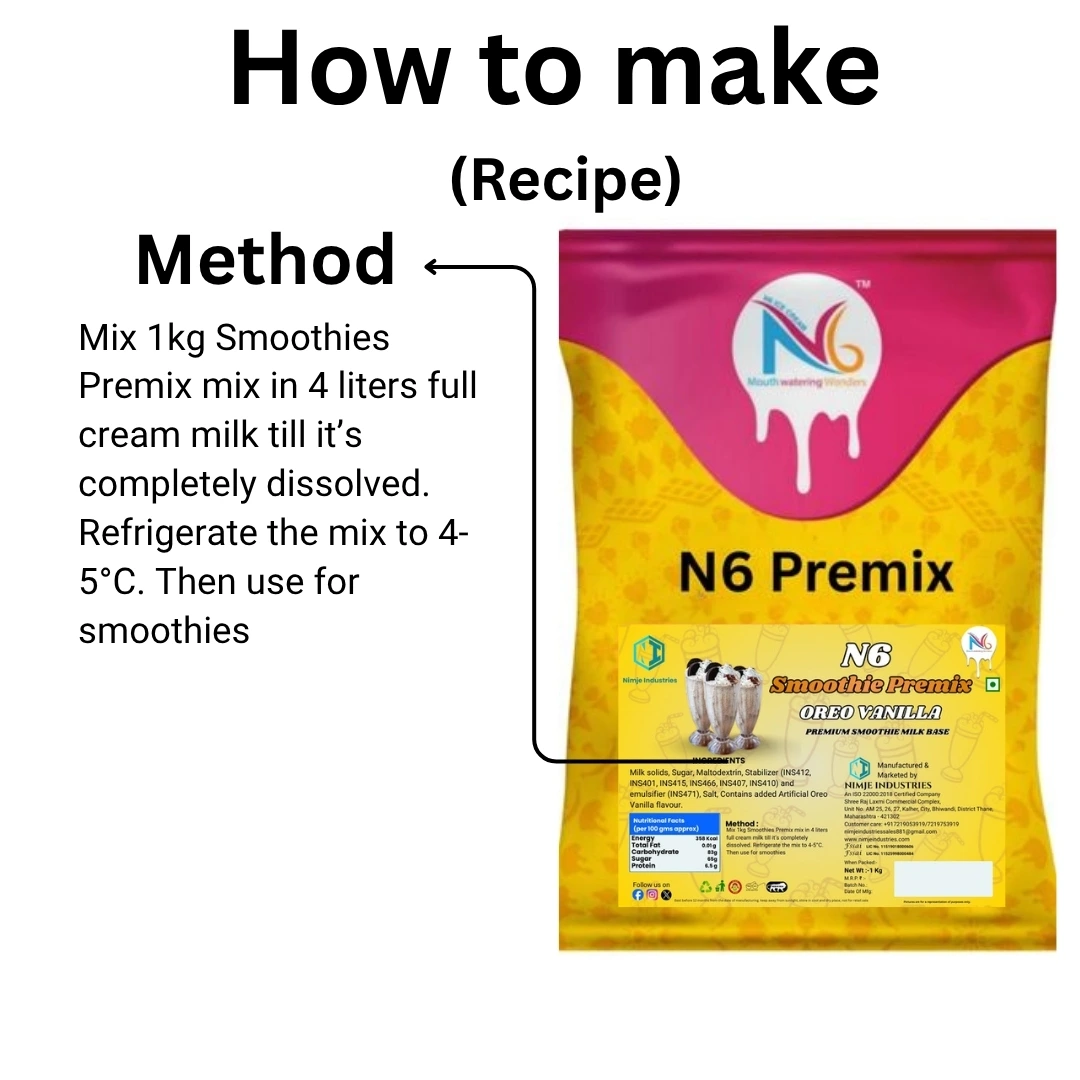 1kg packet of N6 Oreo Vanilla commercial smoothie premix by Nimje Industries, showing nutritional facts and 4-liter milk mix preparation method.