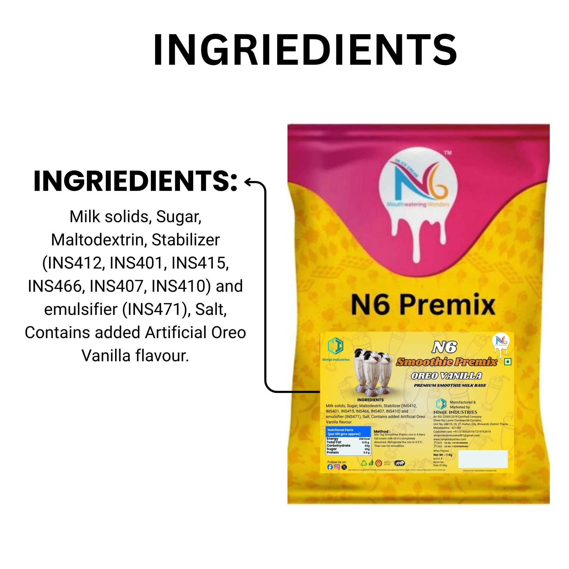 1kg packet of N6 Oreo Vanilla commercial smoothie premix by Nimje Industries, showing nutritional facts and 4-liter milk mix preparation method.