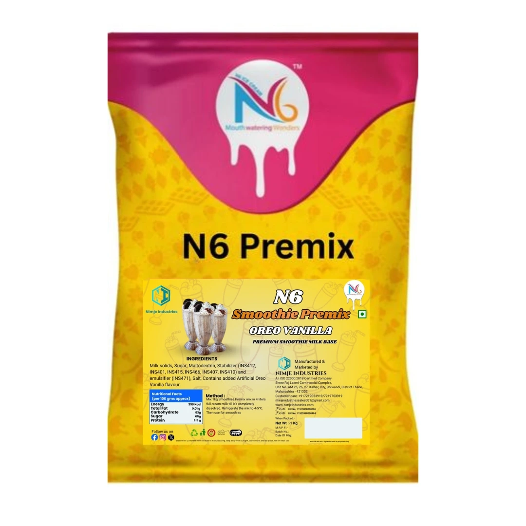 1kg packet of N6 Oreo Vanilla commercial smoothie premix by Nimje Industries, showing nutritional facts and 4-liter milk mix preparation method.