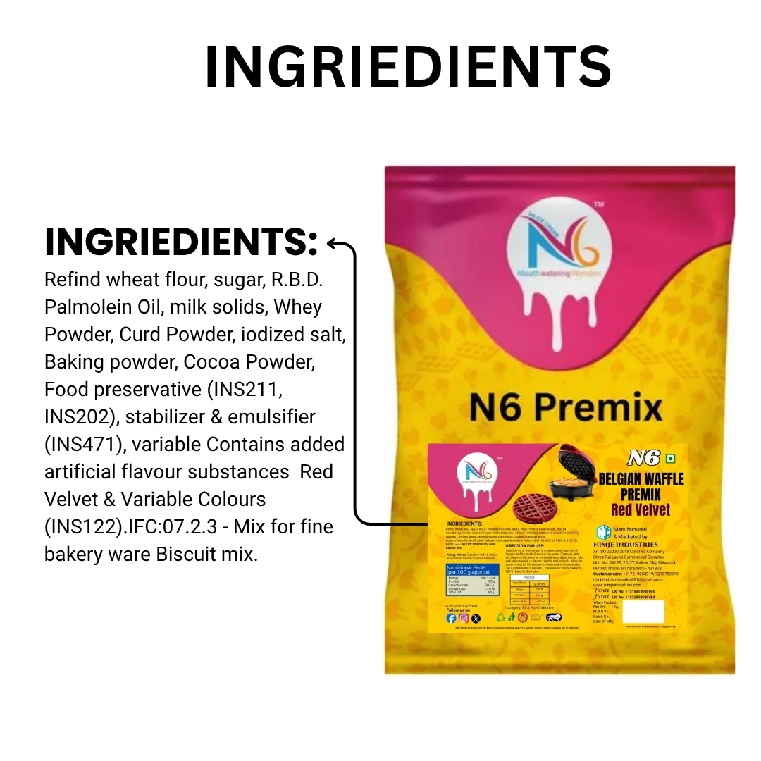 N6 Belgian Waffle Premix – Red Velvet Flavor (1kg) | Eggless & Instant Mix for Café-Style Waffles - Image 4