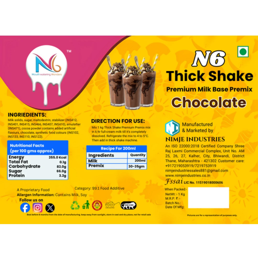 N6 Chocolate Thick Shake Premix (1kg) – Commercial Milk Base Powder for Cafes & Thick Shake Machines - Image 2